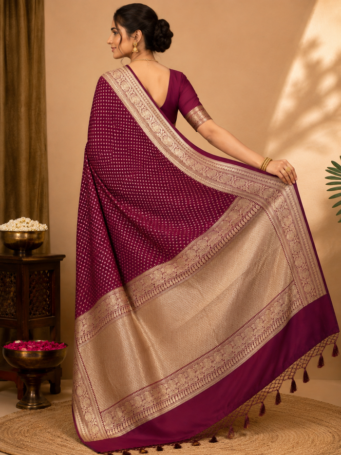 Banarasi Blended Satin Saree – Wine Maroon with Gold Zari Butti & Floral Border Alternate Angle