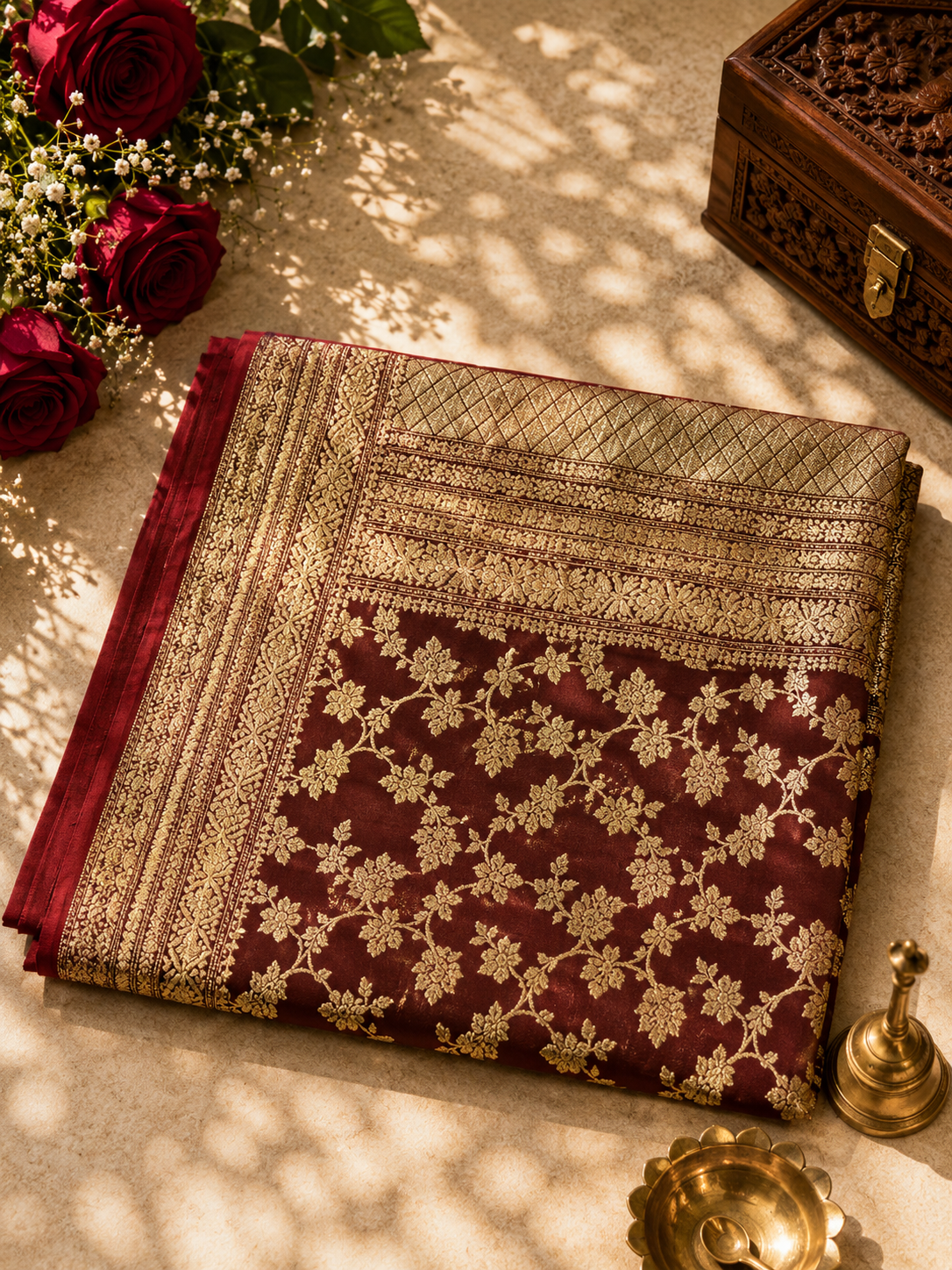 Banarasi Silk Saree – Deep Maroon with Silver Zari Floral Jaal & Rich Zari Border