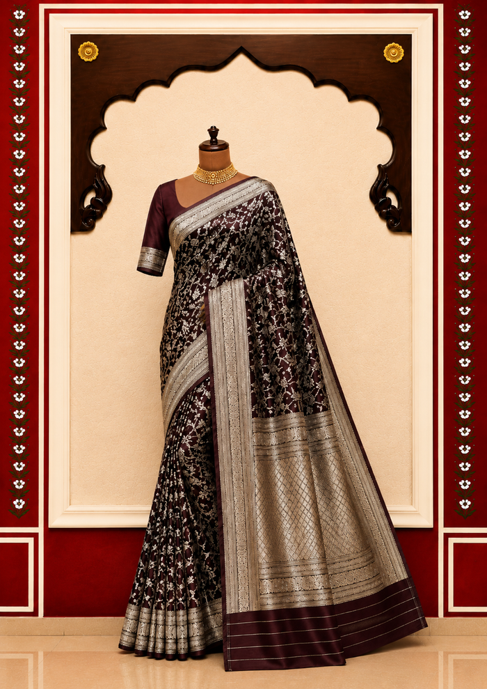 Banarasi Silk Saree – Deep Maroon with Silver Zari Floral Jaal & Rich Zari Border Alternate Angle