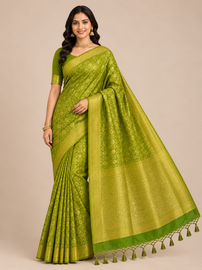 Banarasi Blended Satin Saree – Olive Green with Gold Zari Floral Jaal