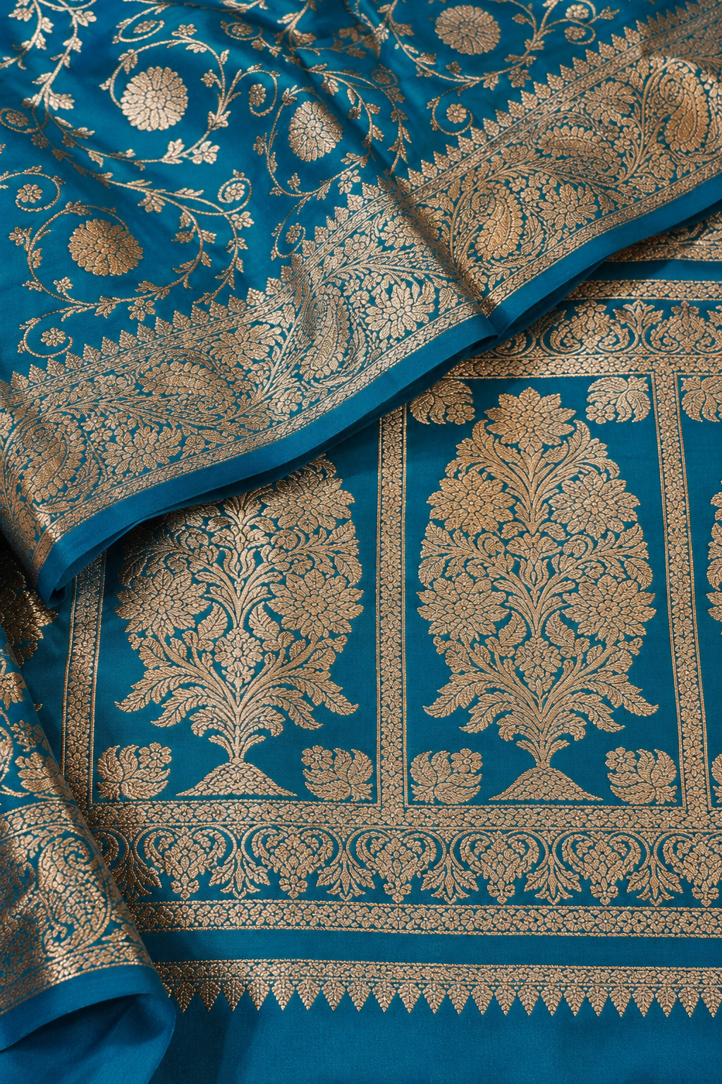Banarasi Silk Saree in Peacock Blue with Silver-Gold Zari Floral Jaal