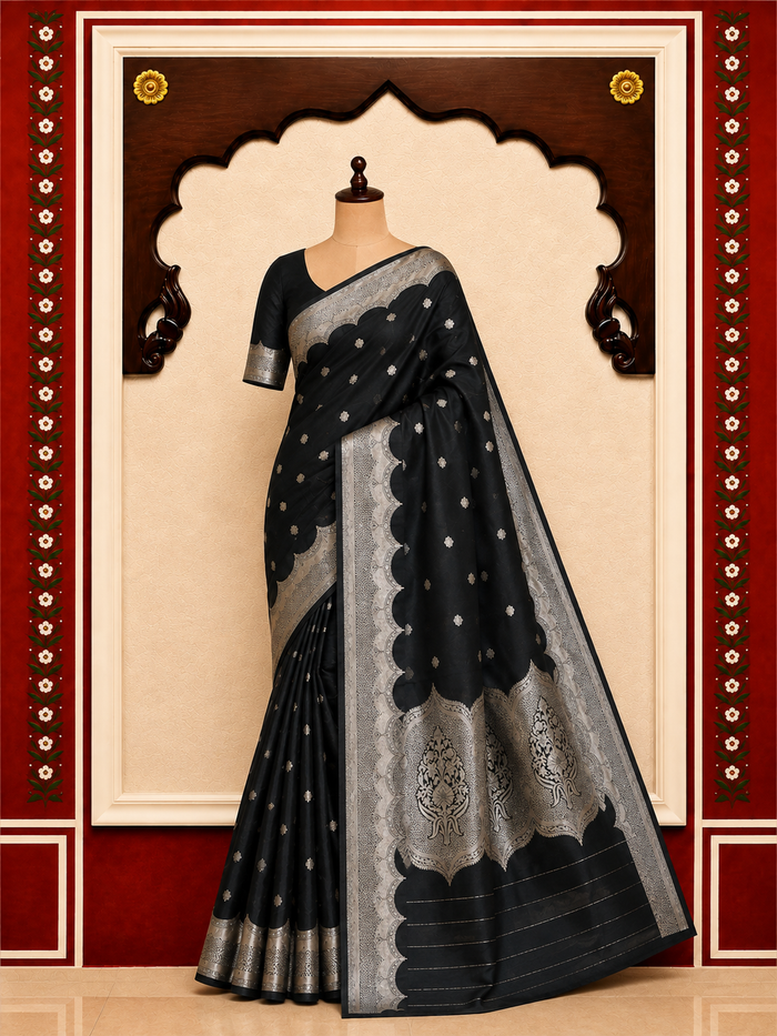 Banarasi Blended Satin Saree – Black with Silver Zari Leaf Butti Ornate Pallu Alternate Angle