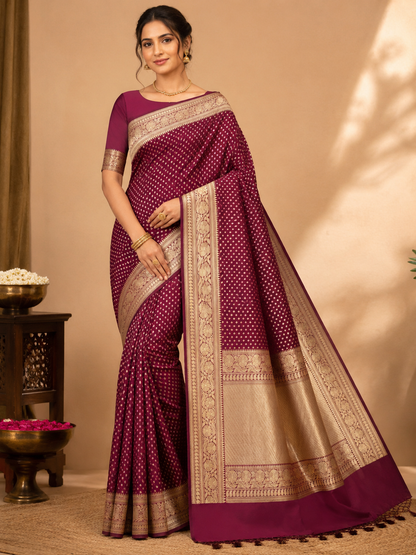 Banarasi Blended Satin Saree – Wine Maroon with Gold Zari Butti &amp; Floral Border