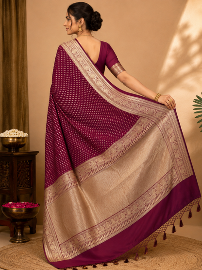 Banarasi Blended Satin Saree – Wine Maroon with Gold Zari Butti &amp; Floral Border