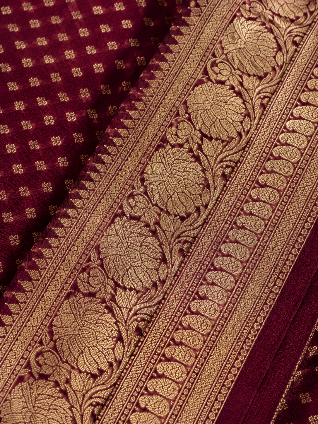 Banarasi Blended Satin Saree – Wine Maroon with Gold Zari Butti &amp; Floral Border