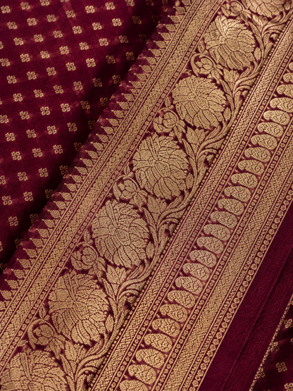 Banarasi Blended Satin Saree – Wine Maroon with Gold Zari Butti &amp; Floral Border