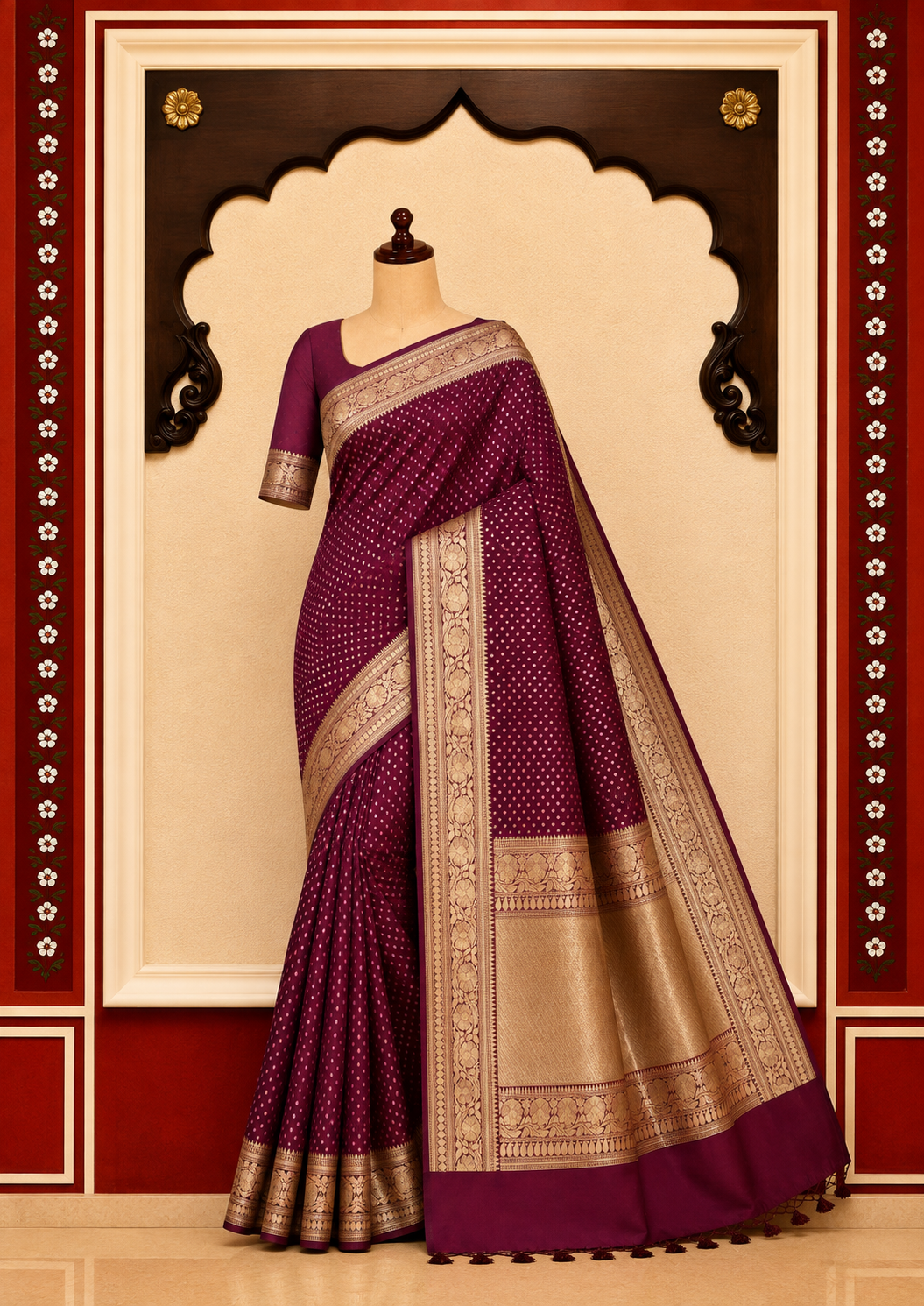 Banarasi Blended Satin Saree – Wine Maroon with Gold Zari Butti &amp; Floral Border