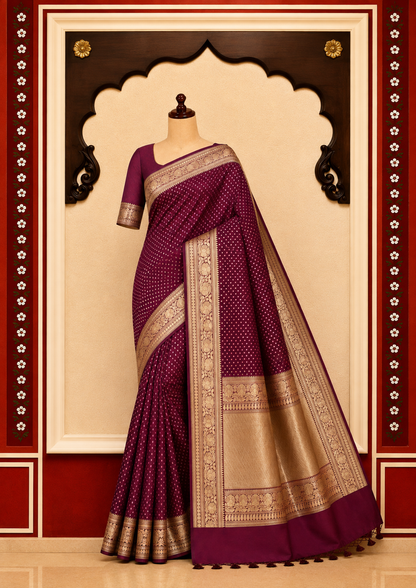 Banarasi Blended Satin Saree – Wine Maroon with Gold Zari Butti &amp; Floral Border