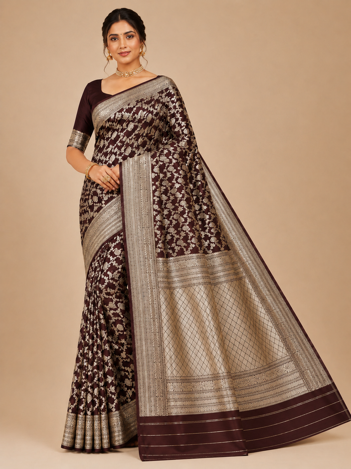 Banarasi Silk Saree – Deep Maroon with Silver Zari Floral Jaal & Rich Zari Border