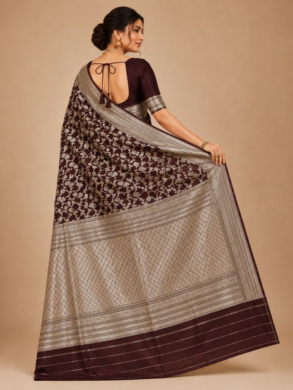 Banarasi Silk Saree – Deep Maroon with Silver Zari Floral Jaal & Rich Zari Border