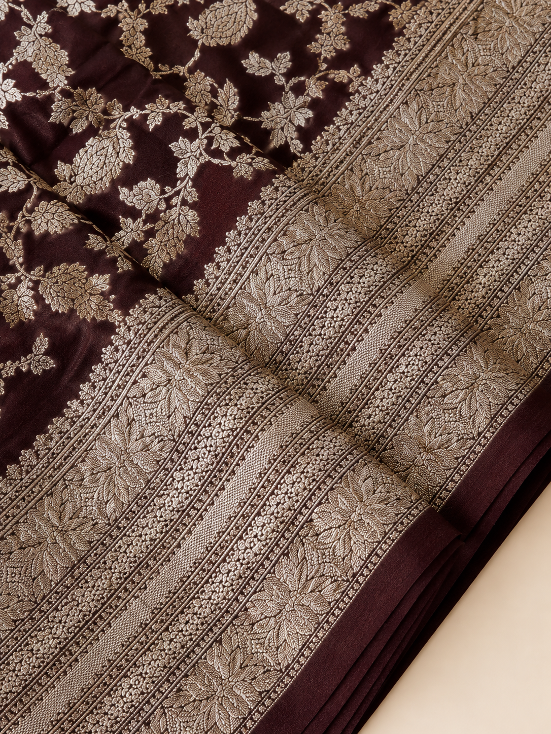 Banarasi Silk Saree – Deep Maroon with Silver Zari Floral Jaal & Rich Zari Border