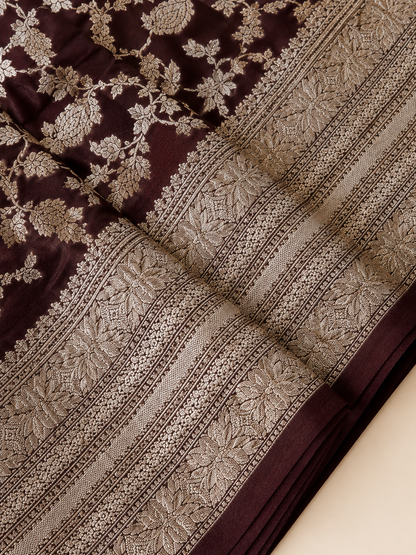 Banarasi Silk Saree – Deep Maroon with Silver Zari Floral Jaal & Rich Zari Border