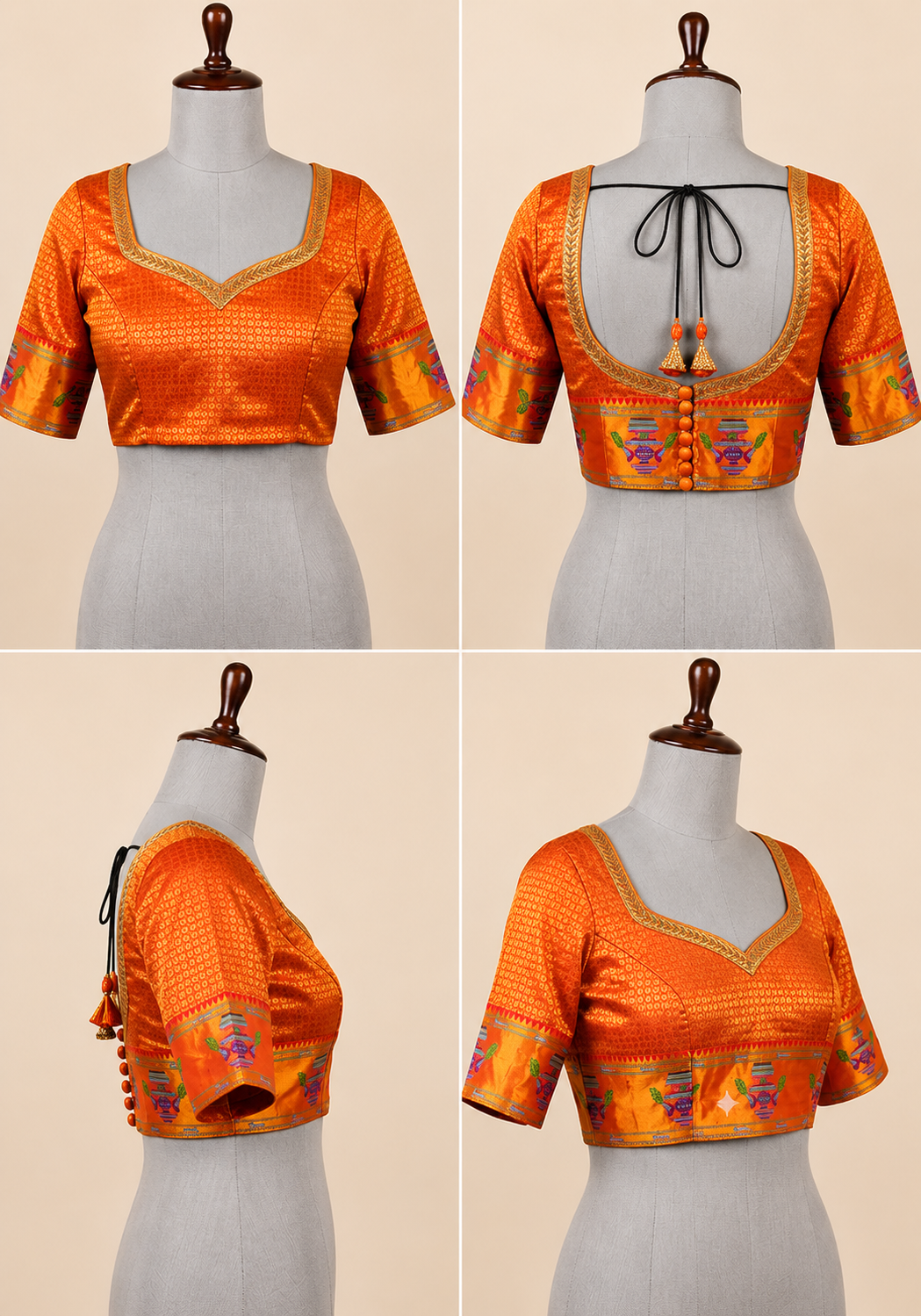 Paithani Silk Saree – Blue with Orange Zari Peacock Motif Border