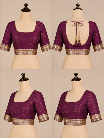 Banarasi Blended Satin Saree – Wine Maroon with Gold Zari Butti &amp; Floral Border