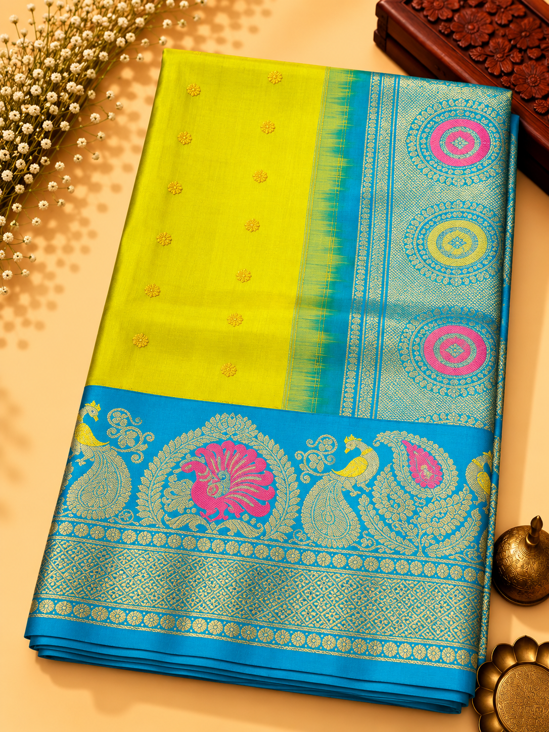 Gadwal Silk Saree – Sunshine Yellow with Aqua Blue Peacock Border &amp; Zari Pallu