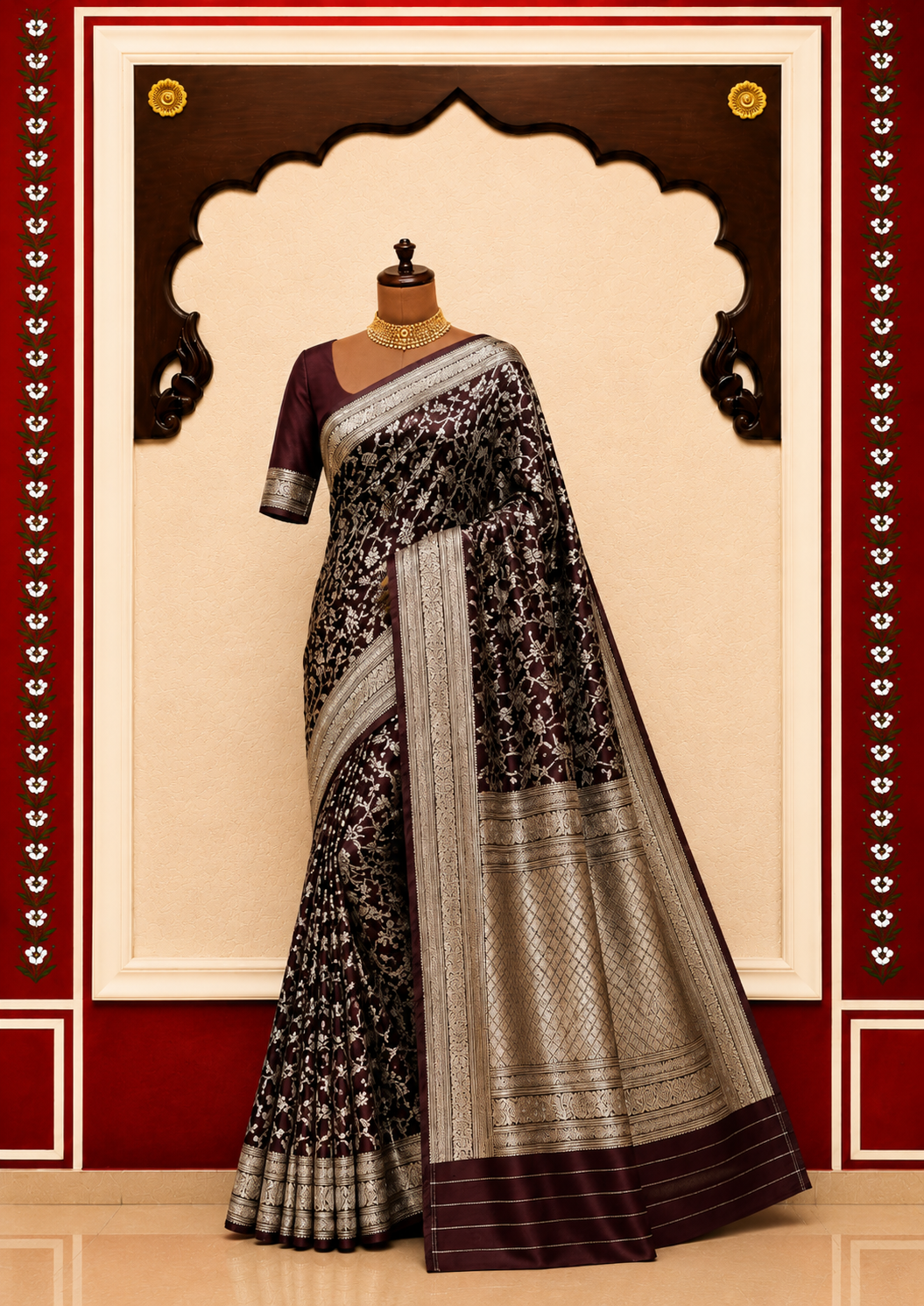 Banarasi Silk Saree – Deep Maroon with Silver Zari Floral Jaal & Rich Zari Border