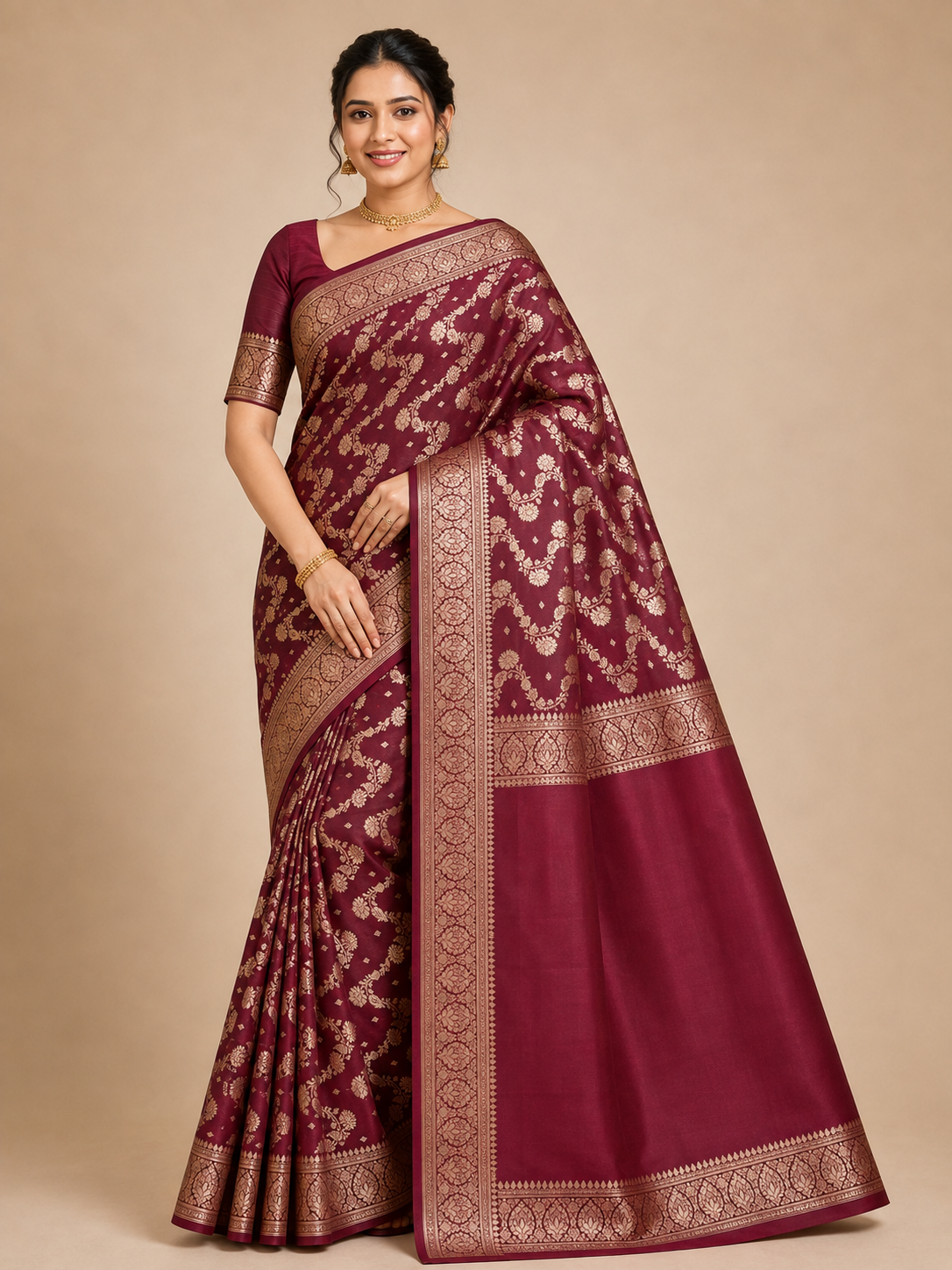 Banarasi Blended Satin Saree – Wine Maroon with Golden Floral Zari Jaal