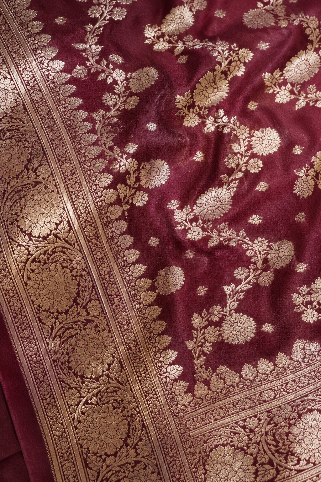 Banarasi Blended Satin Saree – Wine Maroon with Golden Floral Zari Jaal