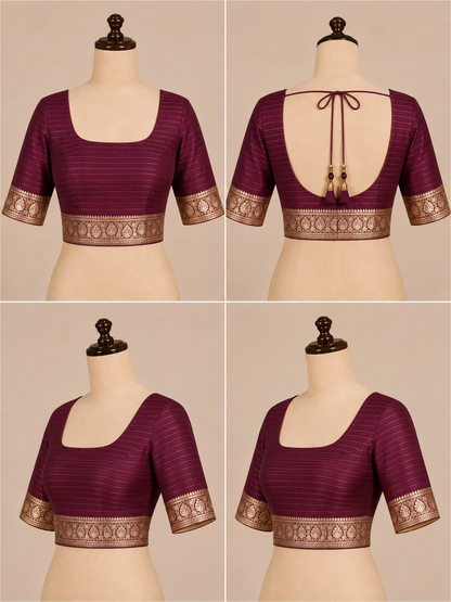 Banarasi Blended Satin Saree – Wine Maroon with Golden Floral Zari Jaal