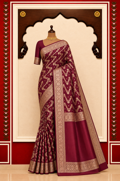 Banarasi Blended Satin Saree – Wine Maroon with Golden Floral Zari Jaal