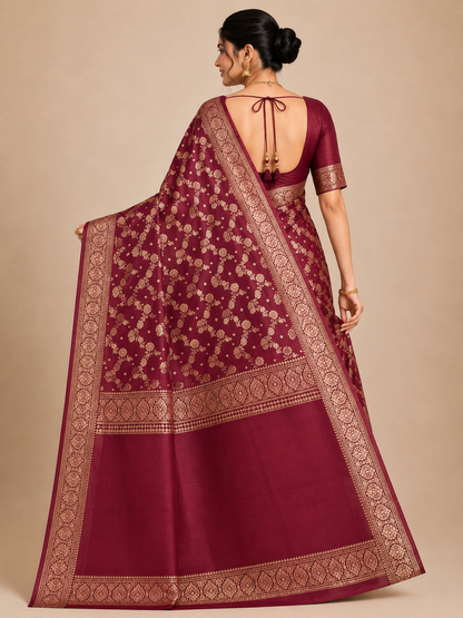 Banarasi Blended Satin Saree – Wine Maroon with Golden Floral Zari Jaal