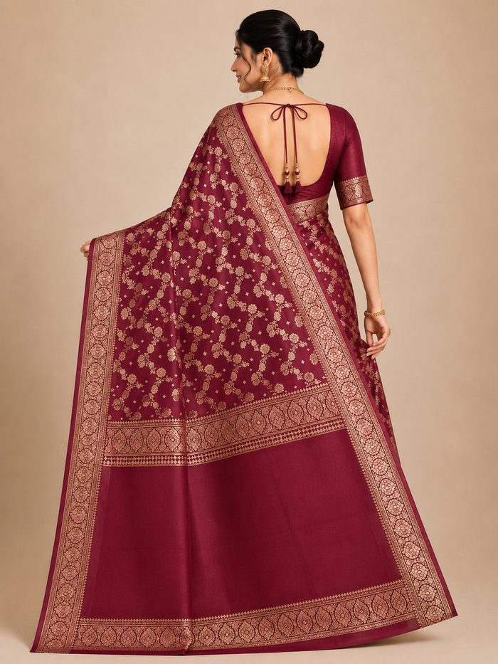 Banarasi Blended Satin Saree – Wine Maroon with Golden Floral Zari Jaal Alternate Angle
