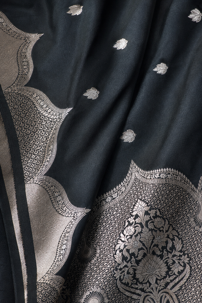 Banarasi Blended Satin Saree – Black with Silver Zari Leaf Butti Ornate Pallu