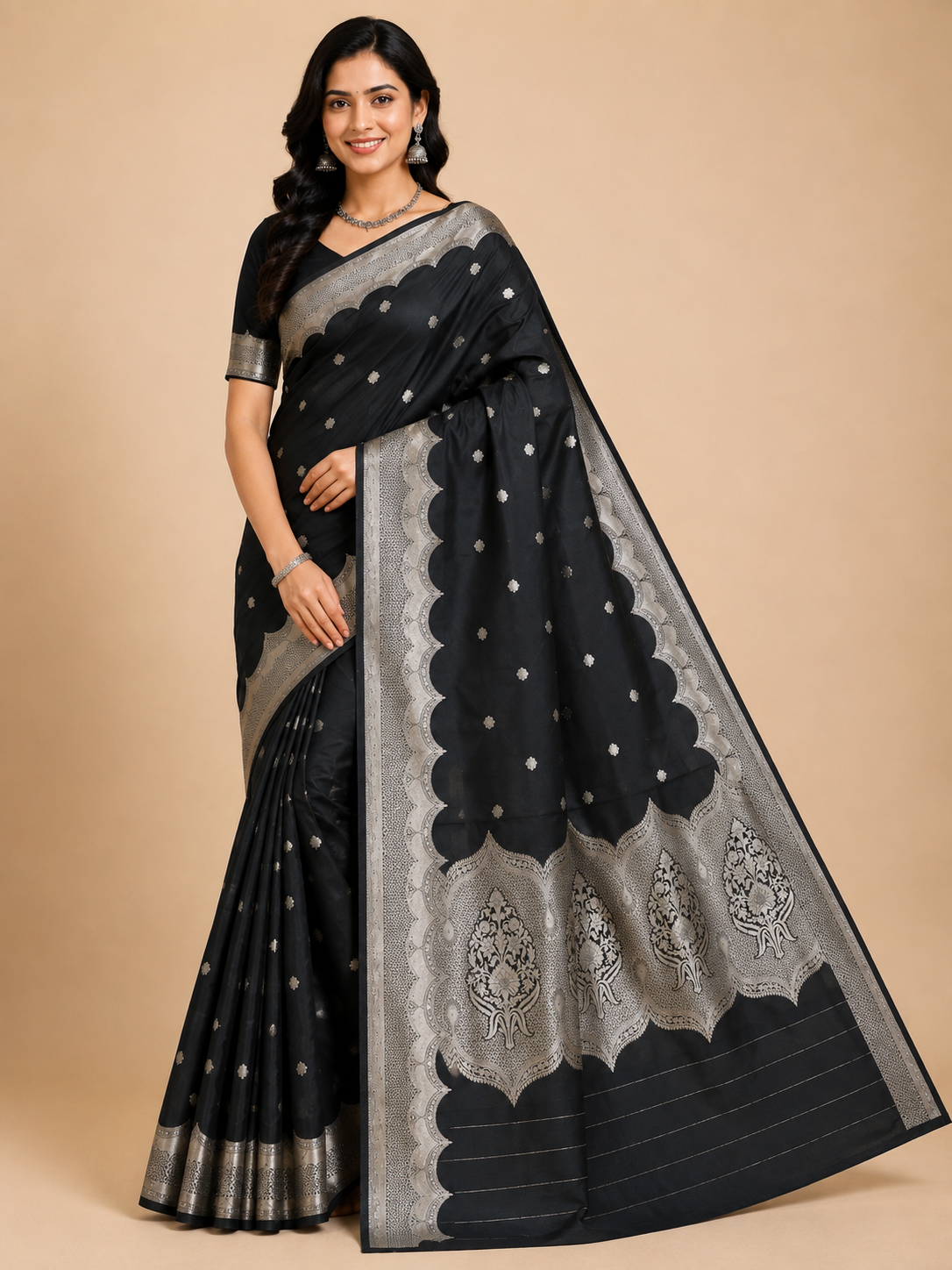 Banarasi Blended Satin Saree – Black with Silver Zari Leaf Butti Ornate Pallu