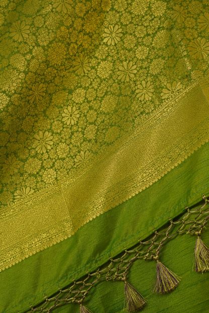 Banarasi Blended Satin Saree – Olive Green with Gold Zari Floral Jaal