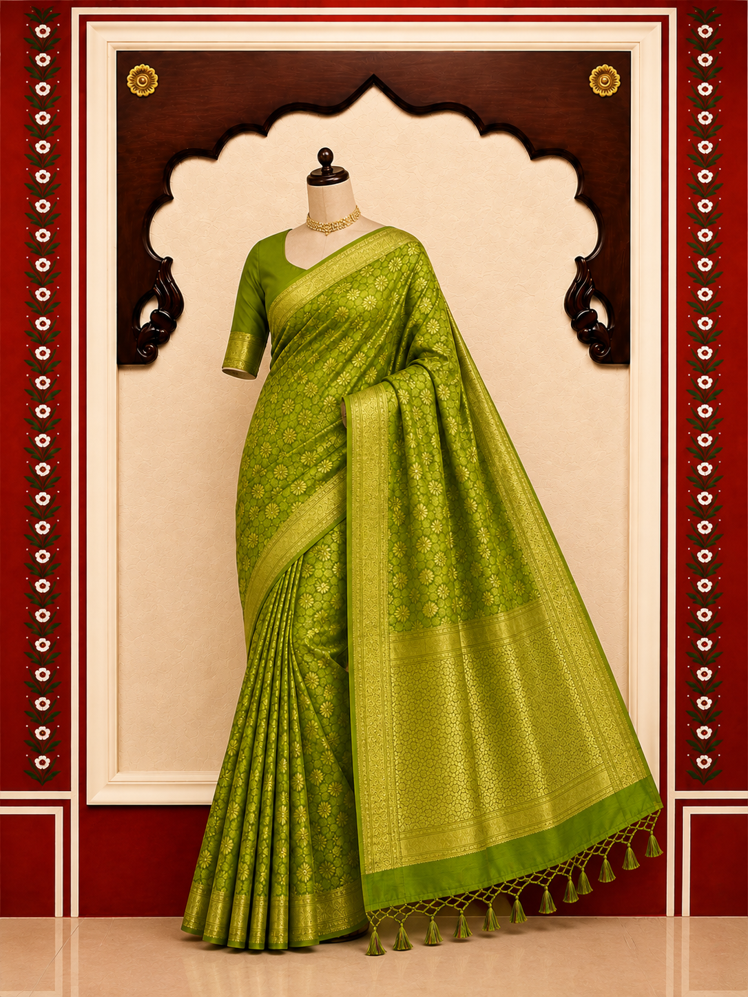 Banarasi Blended Satin Saree – Olive Green with Gold Zari Floral Jaal