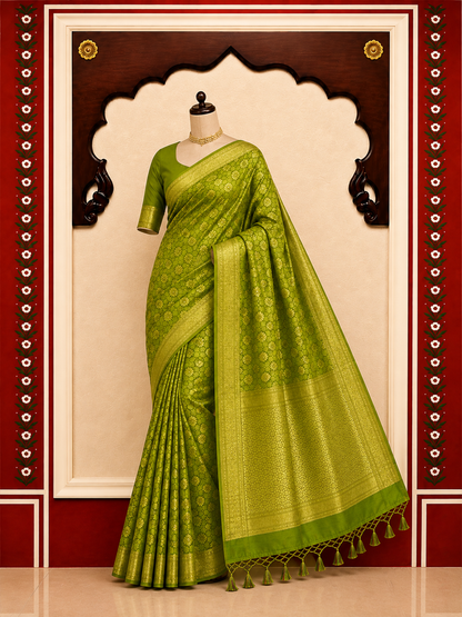 Banarasi Blended Satin Saree – Olive Green with Gold Zari Floral Jaal