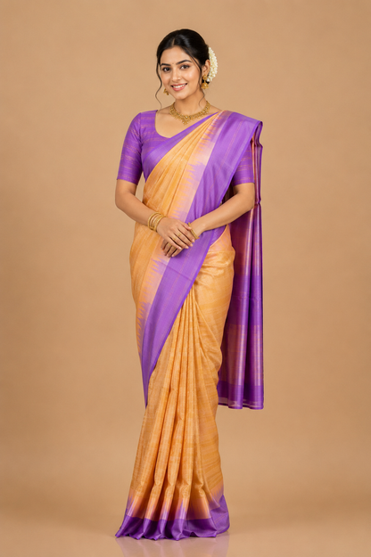 Gadwal Silk Saree – Golden Beige with Lavender Purple Woven Border