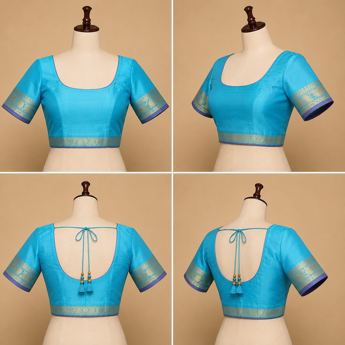 Gadwal Silk Saree – Emerald Green with Sky Blue Zari Border