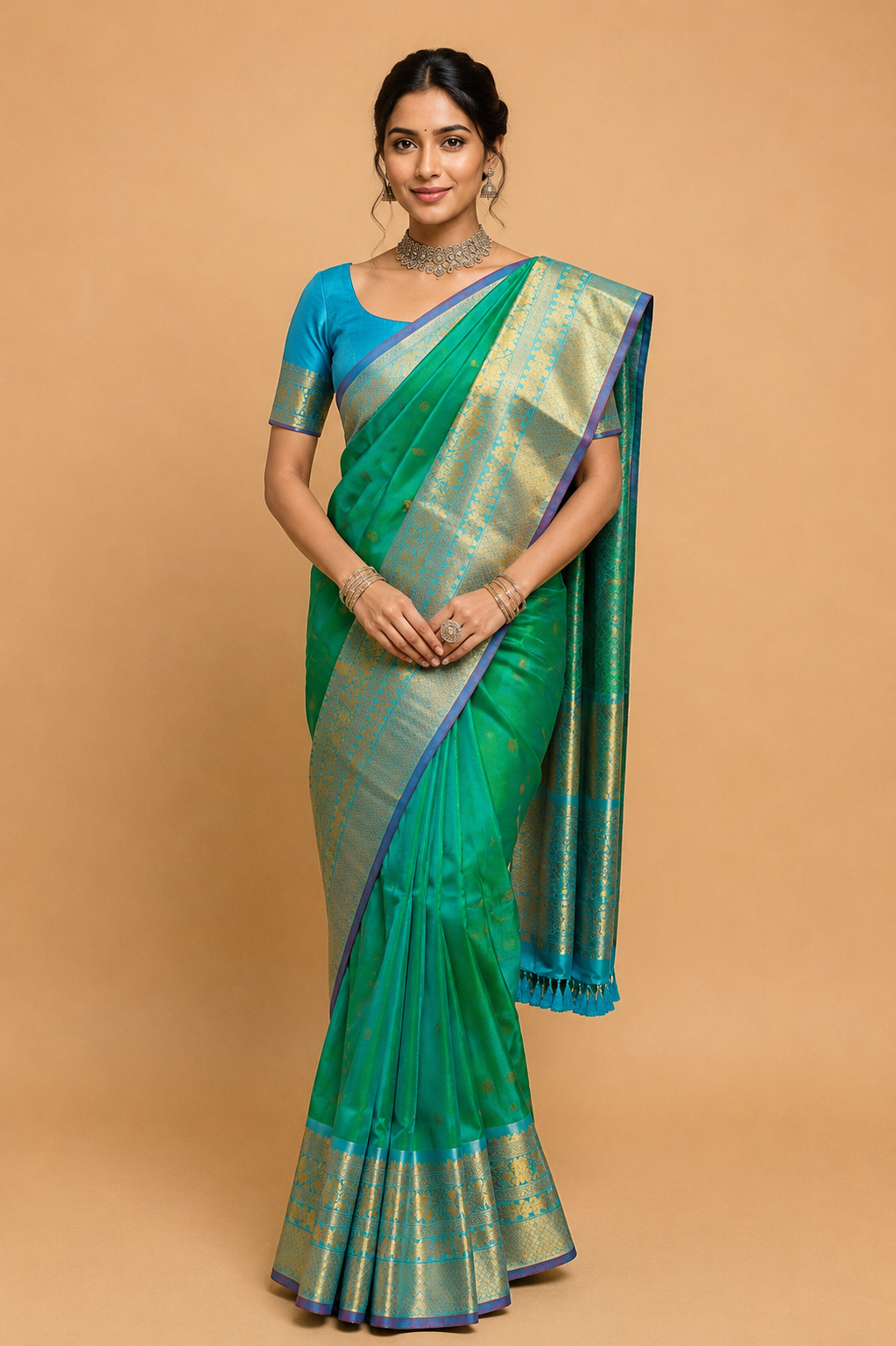 Gadwal Silk Saree – Emerald Green with Sky Blue Zari Border