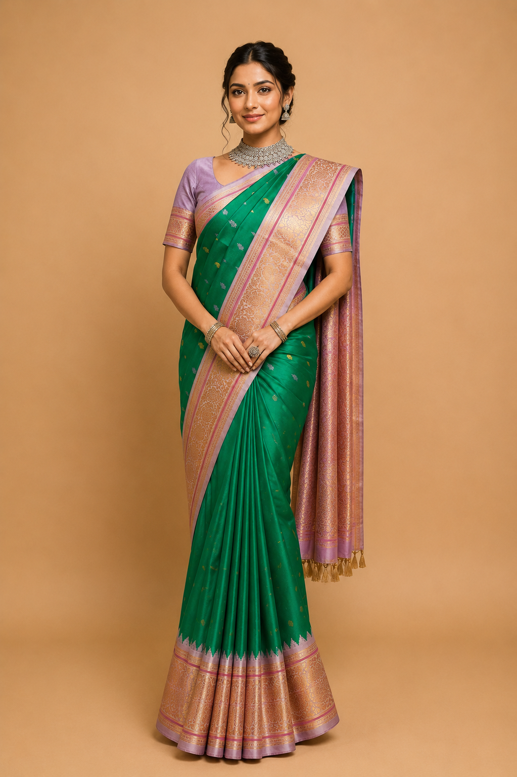 Gadwal Silk Saree – Emerald Green with Lilac Pink Floral Zari Border