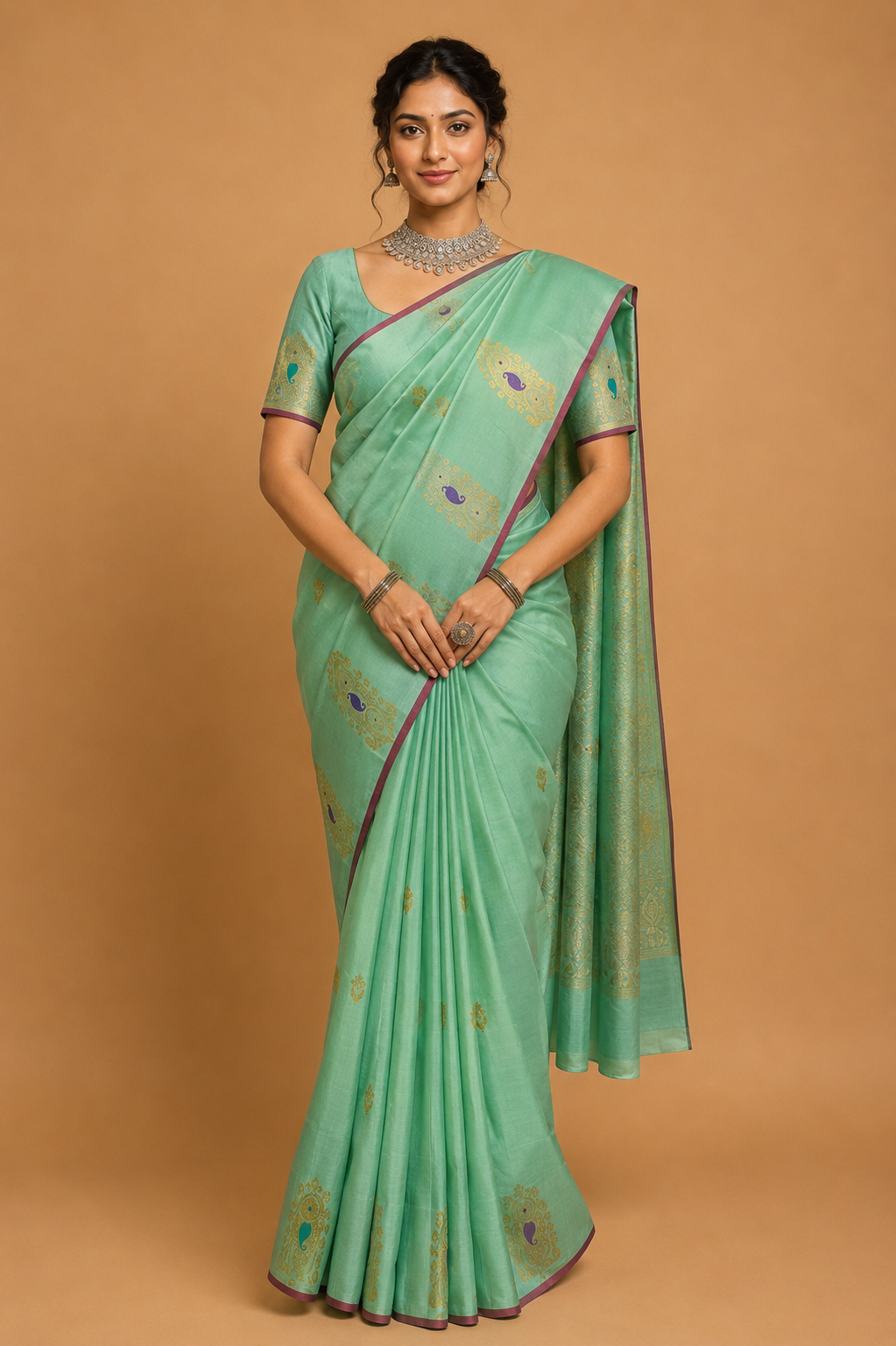 Gadwal Silk Saree – Mint Green with Purple Border &amp; Peacock Motifs
