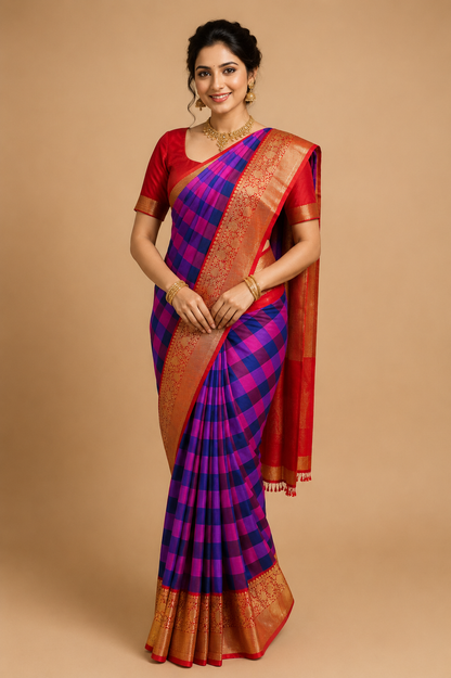Gadwal Silk Saree – Royal Purple &amp; Magenta Checks with Red Zari Border