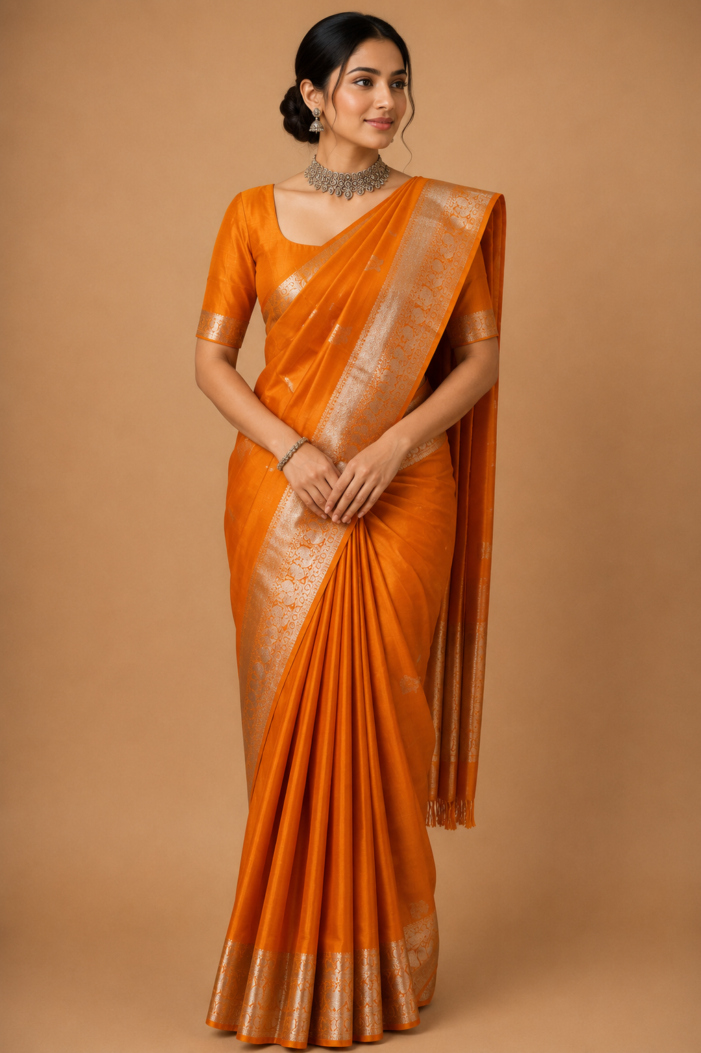 Kanjivaram Silk Saree | Rust Orange with Rich Gold Zari Border | Traditional Wedding Silk Saree