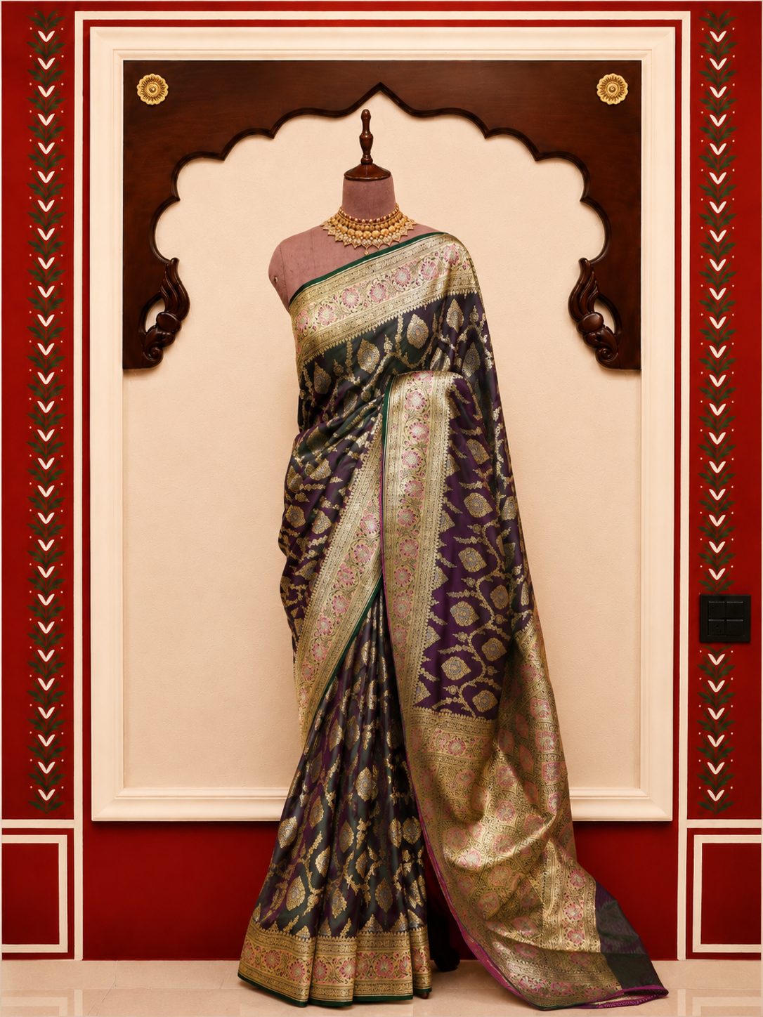 Banarasi Silk Saree in Deep Plum Purple with Antique Gold Zari Weaving