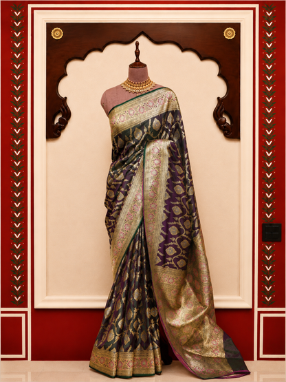 Banarasi Silk Saree in Deep Plum Purple with Antique Gold Zari Weaving