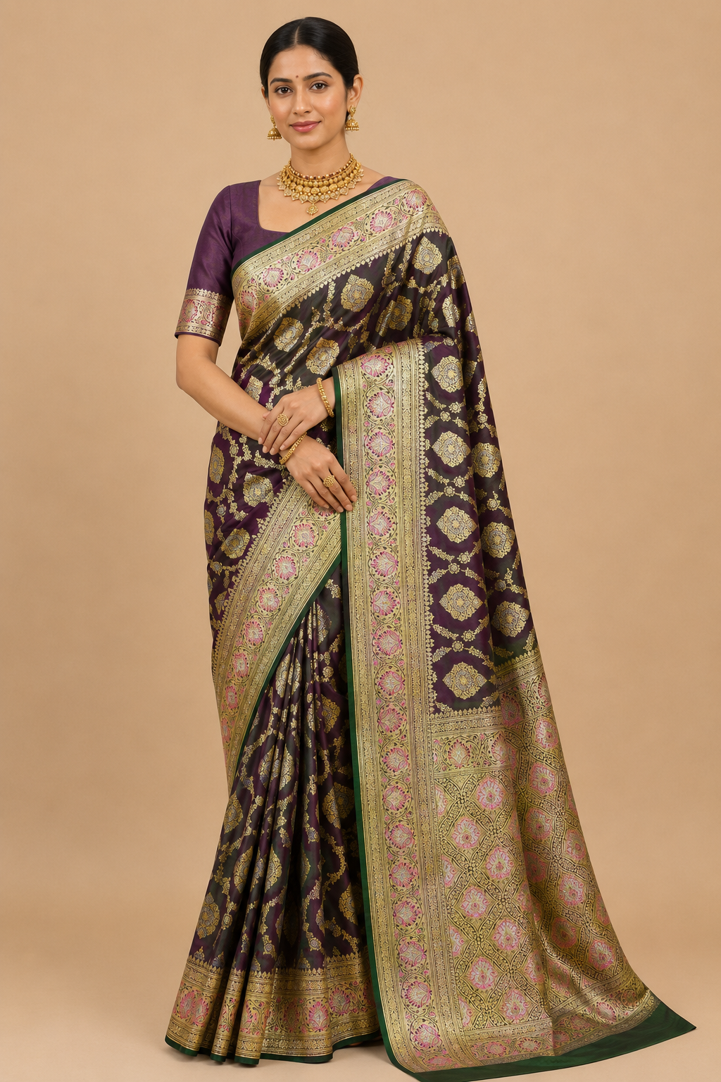 Banarasi Silk Saree in Deep Plum Purple with Antique Gold Zari Weaving