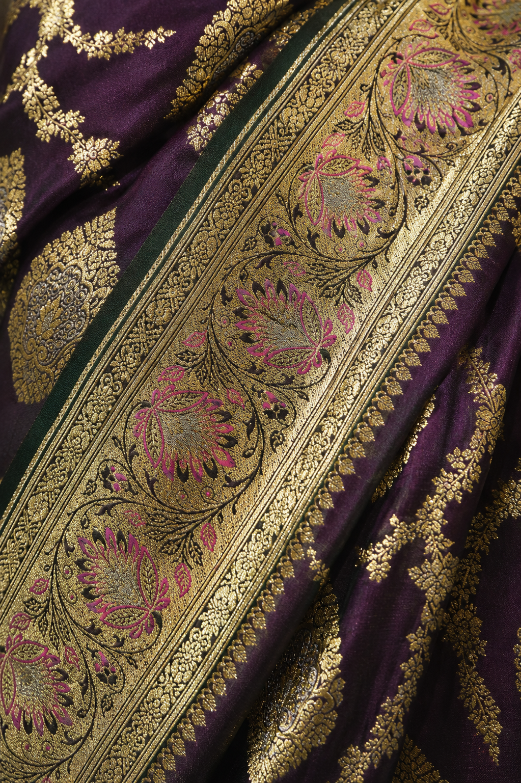 Banarasi Silk Saree in Deep Plum Purple with Antique Gold Zari Weaving