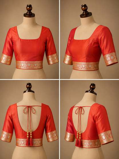 Banarasi Silk Saree in Vermilion Red with Antique Gold & Silver Zari Weaving
