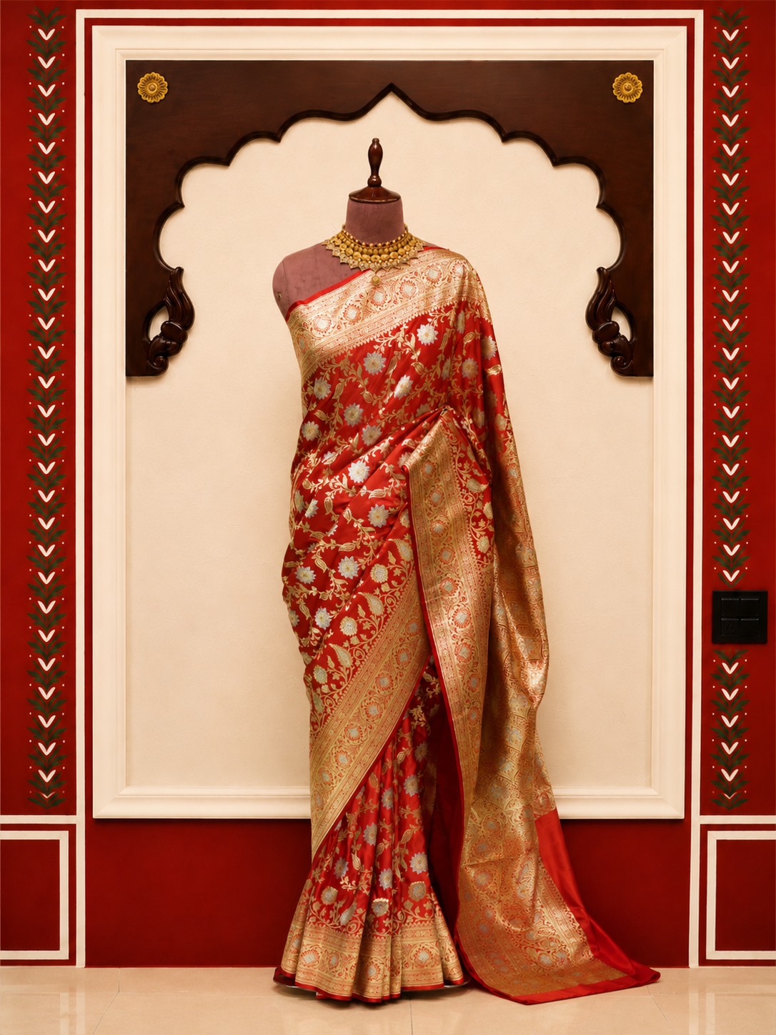 Banarasi Silk Saree in Vermilion Red with Antique Gold & Silver Zari Weaving