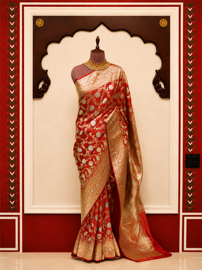 Banarasi Silk Saree in Vermilion Red with Antique Gold & Silver Zari Weaving
