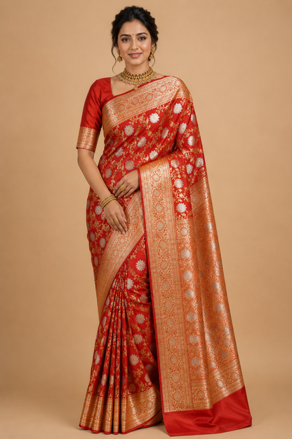 Banarasi Silk Saree in Vermilion Red with Antique Gold & Silver Zari Weaving