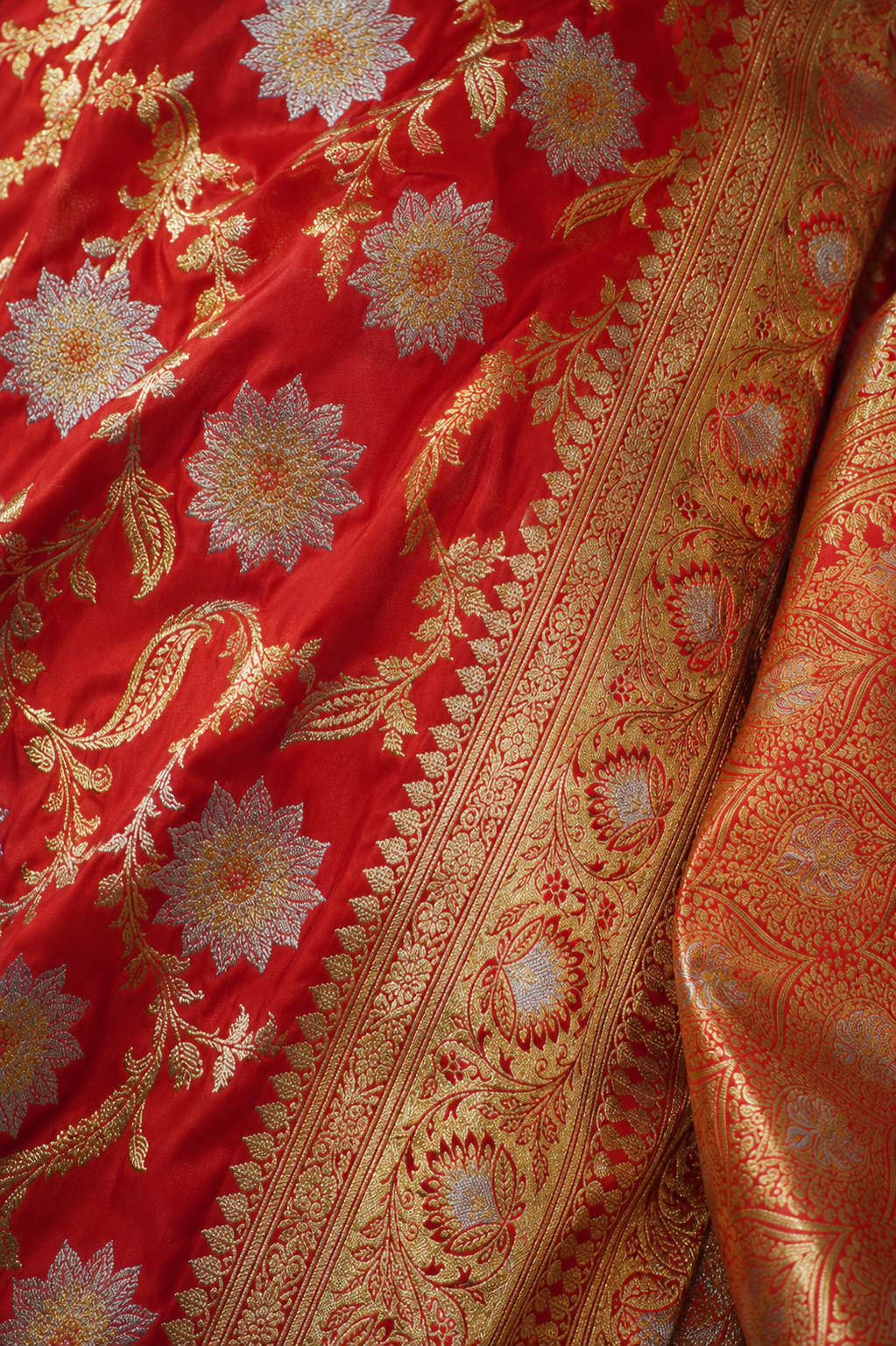Banarasi Silk Saree in Vermilion Red with Antique Gold & Silver Zari Weaving