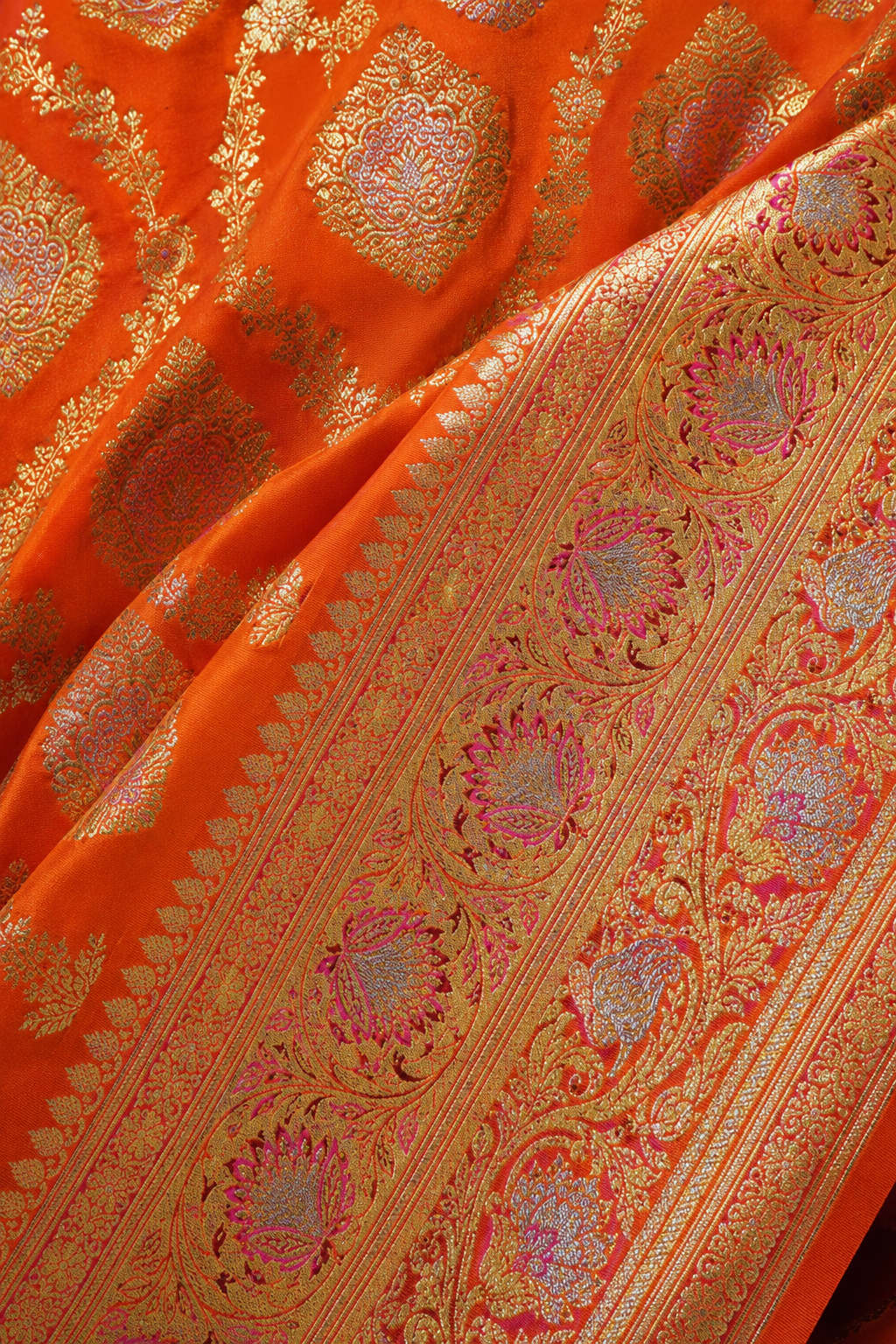 Banarasi Silk Saree in Saffron Orange with Antique Gold & Pink Meenakari Zari Weaving