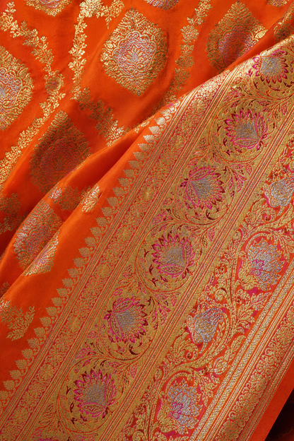 Banarasi Silk Saree in Saffron Orange with Antique Gold & Pink Meenakari Zari Weaving