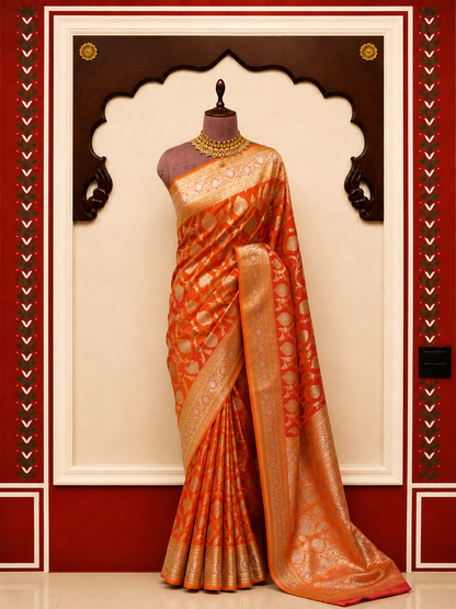 Banarasi Silk Saree in Saffron Orange with Antique Gold & Pink Meenakari Zari Weaving